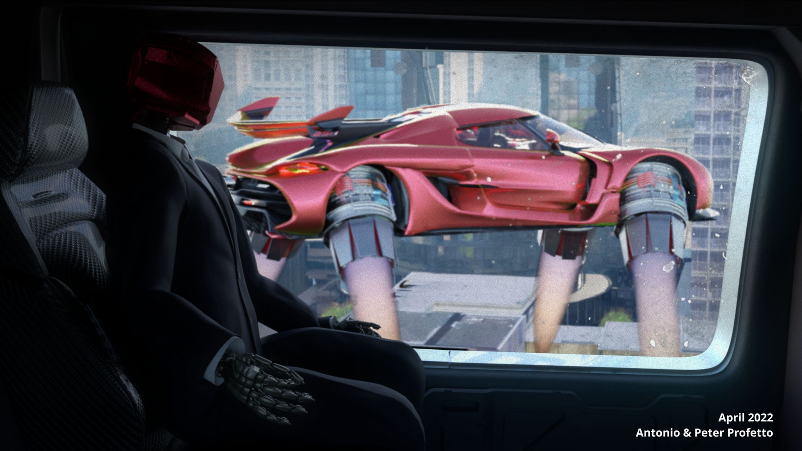 City View with flying car and Character